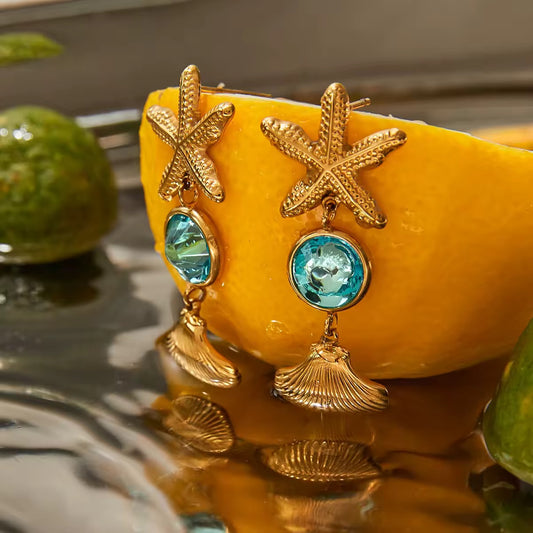 Aqua Starfish and Shell Earrings