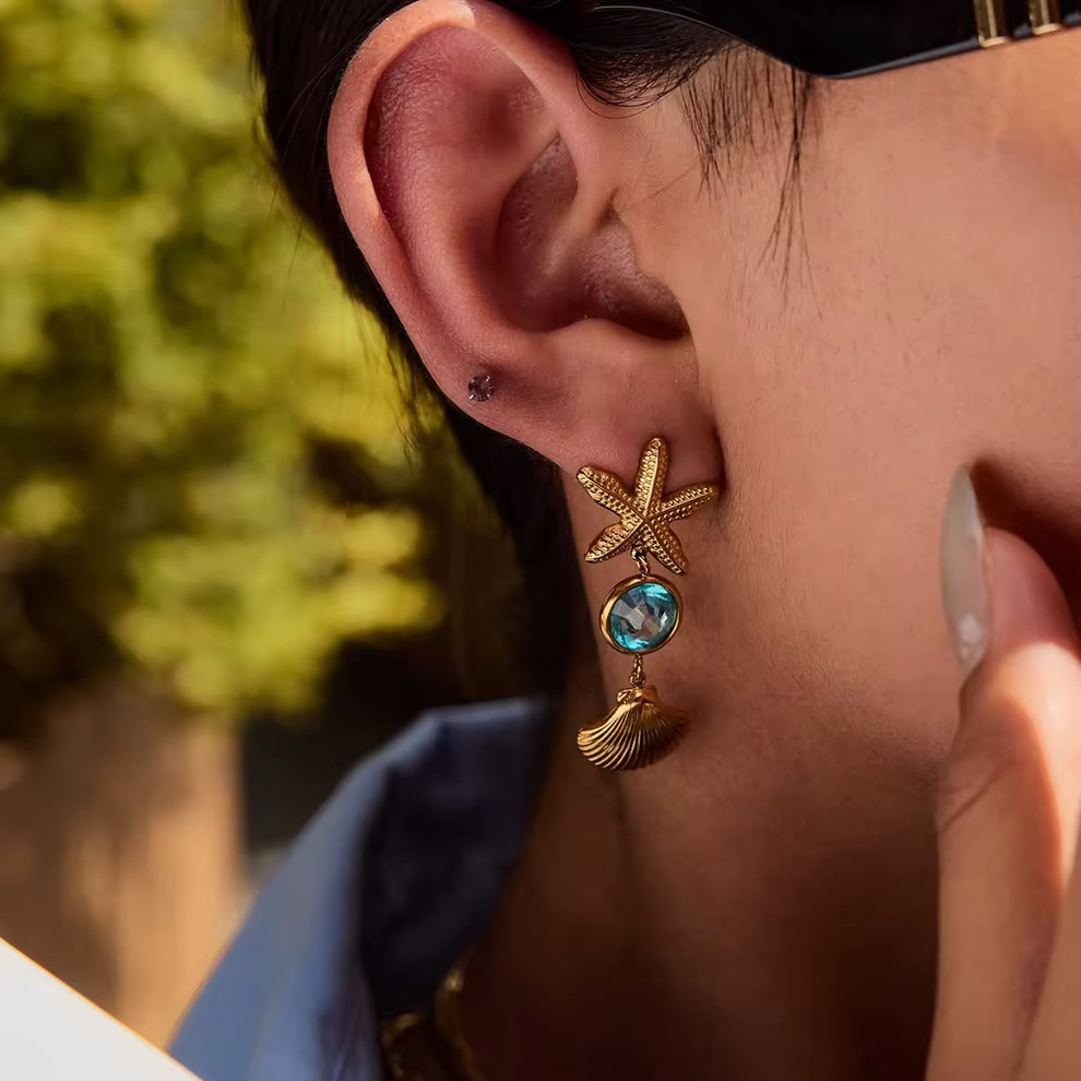 Aqua Starfish and Shell Earrings