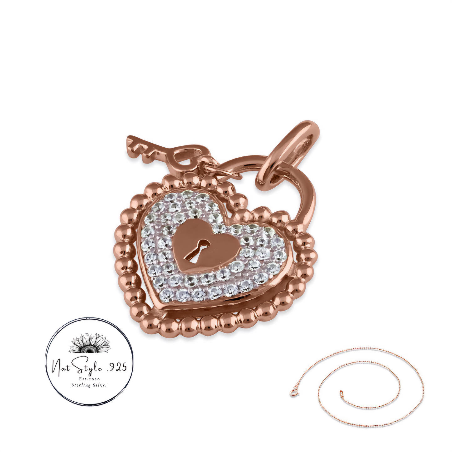 Rose Gold Heart and Lock CZ Necklace