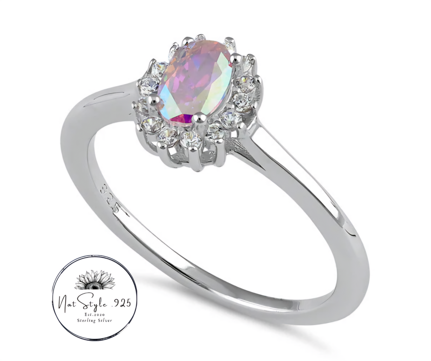 Oval Iridescent Rainbow Halo Ring