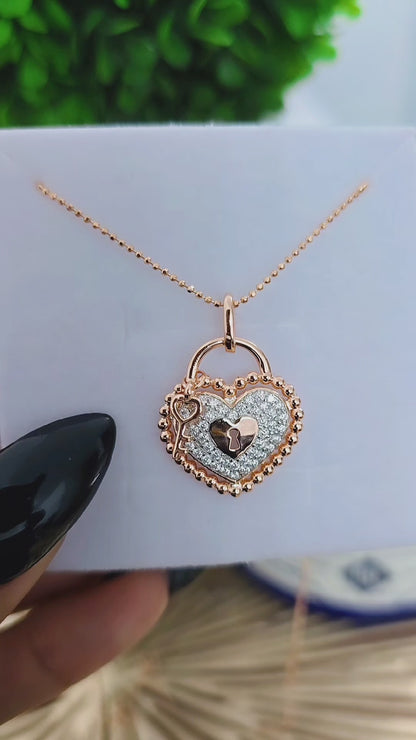 Rose Gold Heart and Lock CZ Necklace