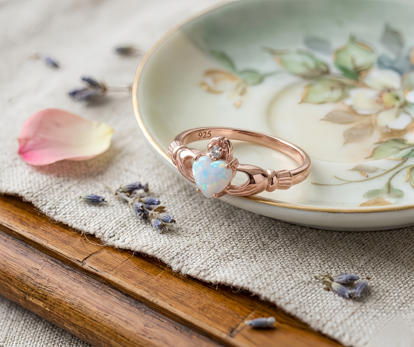 Rose Gold Claddagh White Opal