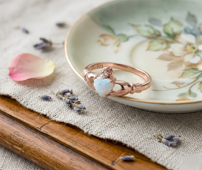 Rose Gold Claddagh White Opal