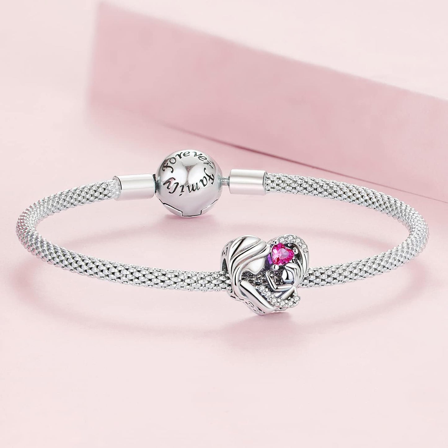 Mom & Child Pink Heart Cz Charm