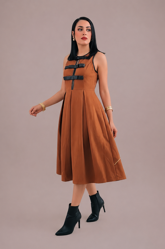 Suede Bow Detail Knee Length Dress