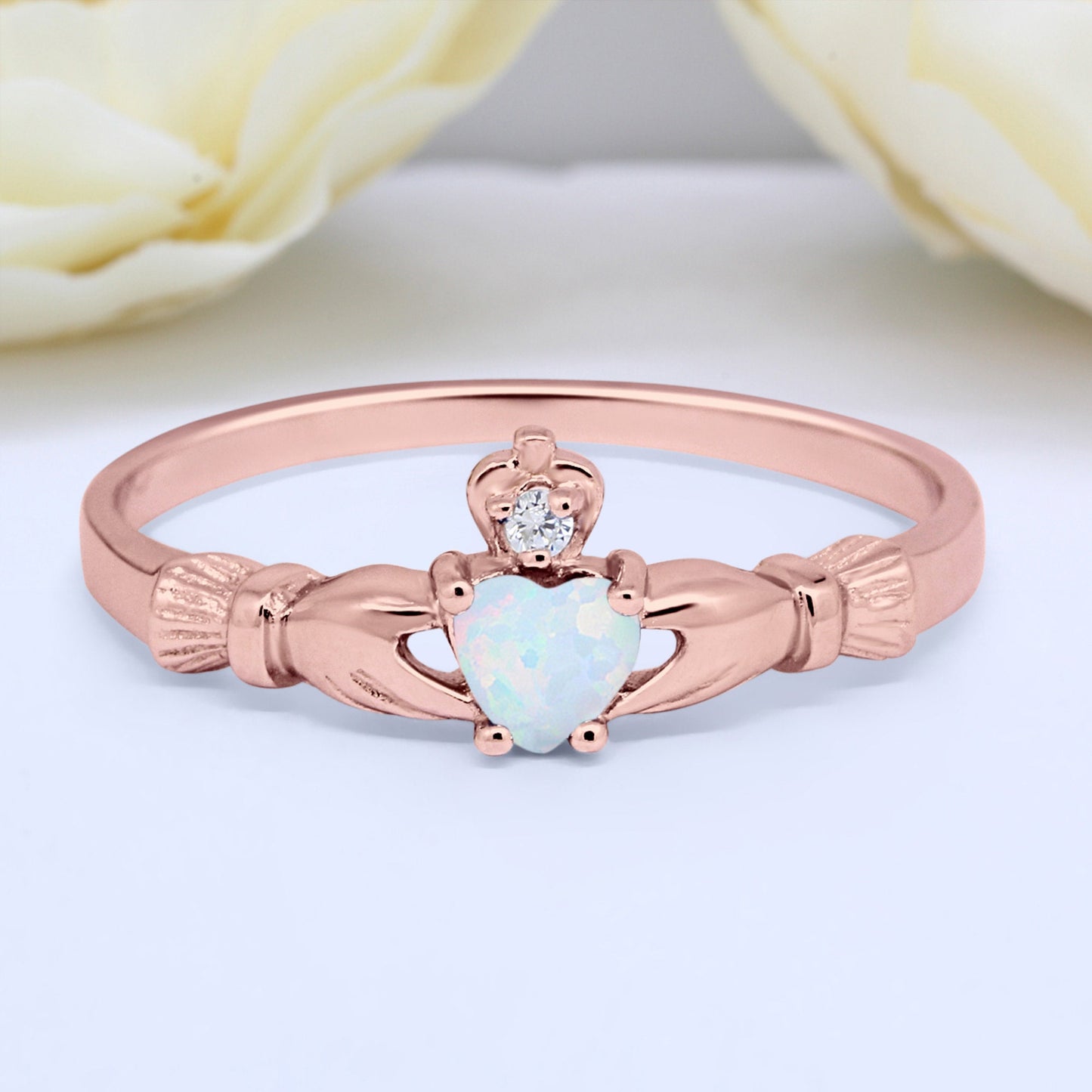 Rose Gold Claddagh White Opal