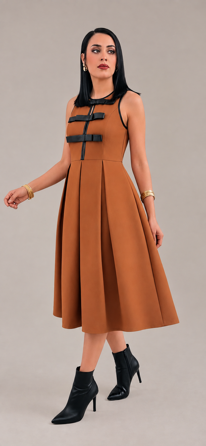 Suede Bow Detail Knee Length Dress