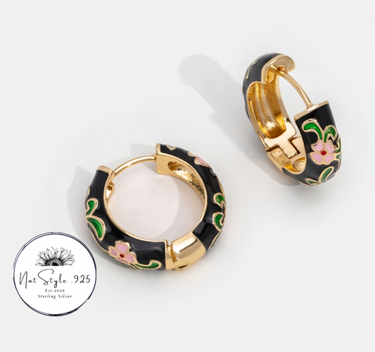 Black Spring Flowers Hoops