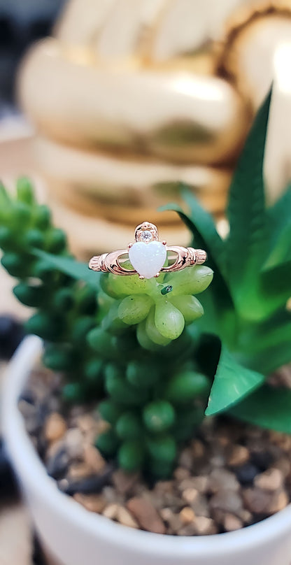 Rose Gold Claddagh White Opal