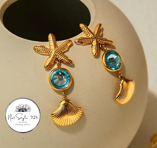 Aqua Starfish and Shell Earrings