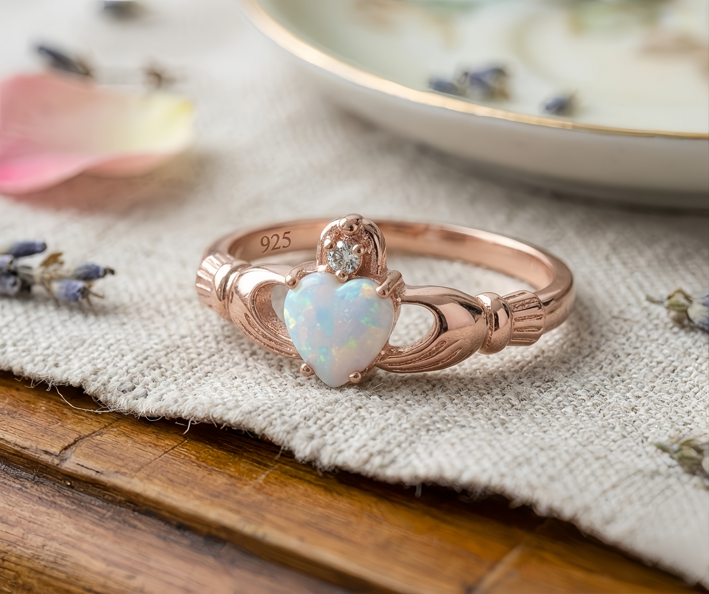 Rose Gold Claddagh White Opal