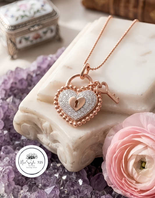 Rose Gold Heart and Lock CZ Necklace