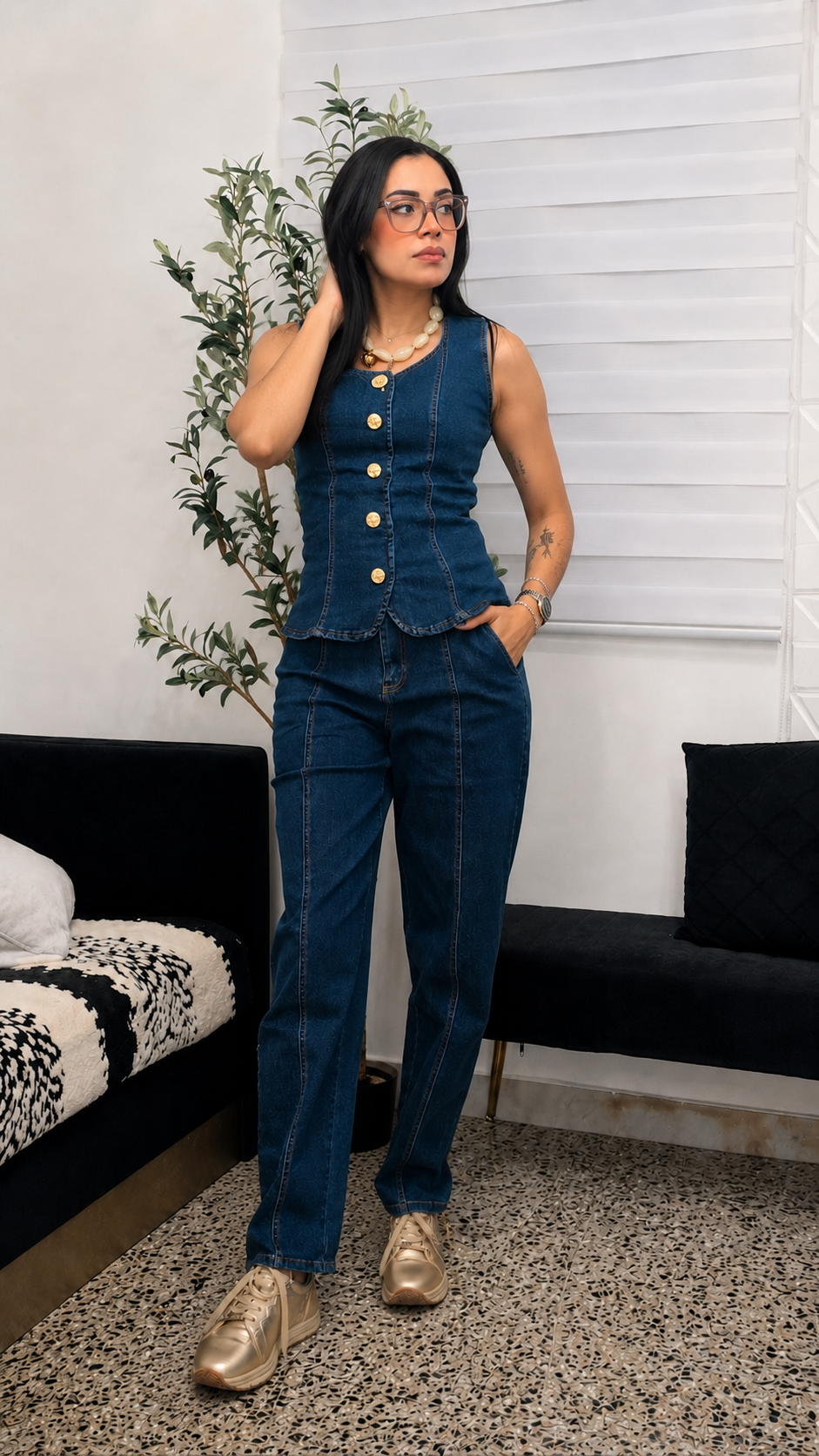 Set Denim Top & Barrel Pants