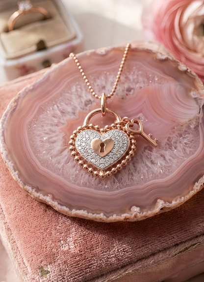 Rose Gold Heart and Lock CZ Necklace