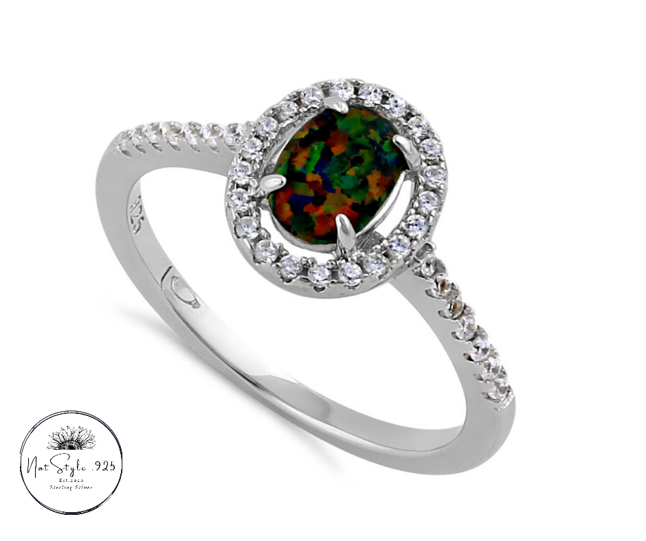 Black Lab Opal and Clear CZ Oval Halo