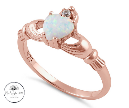 Rose Gold Claddagh White Opal