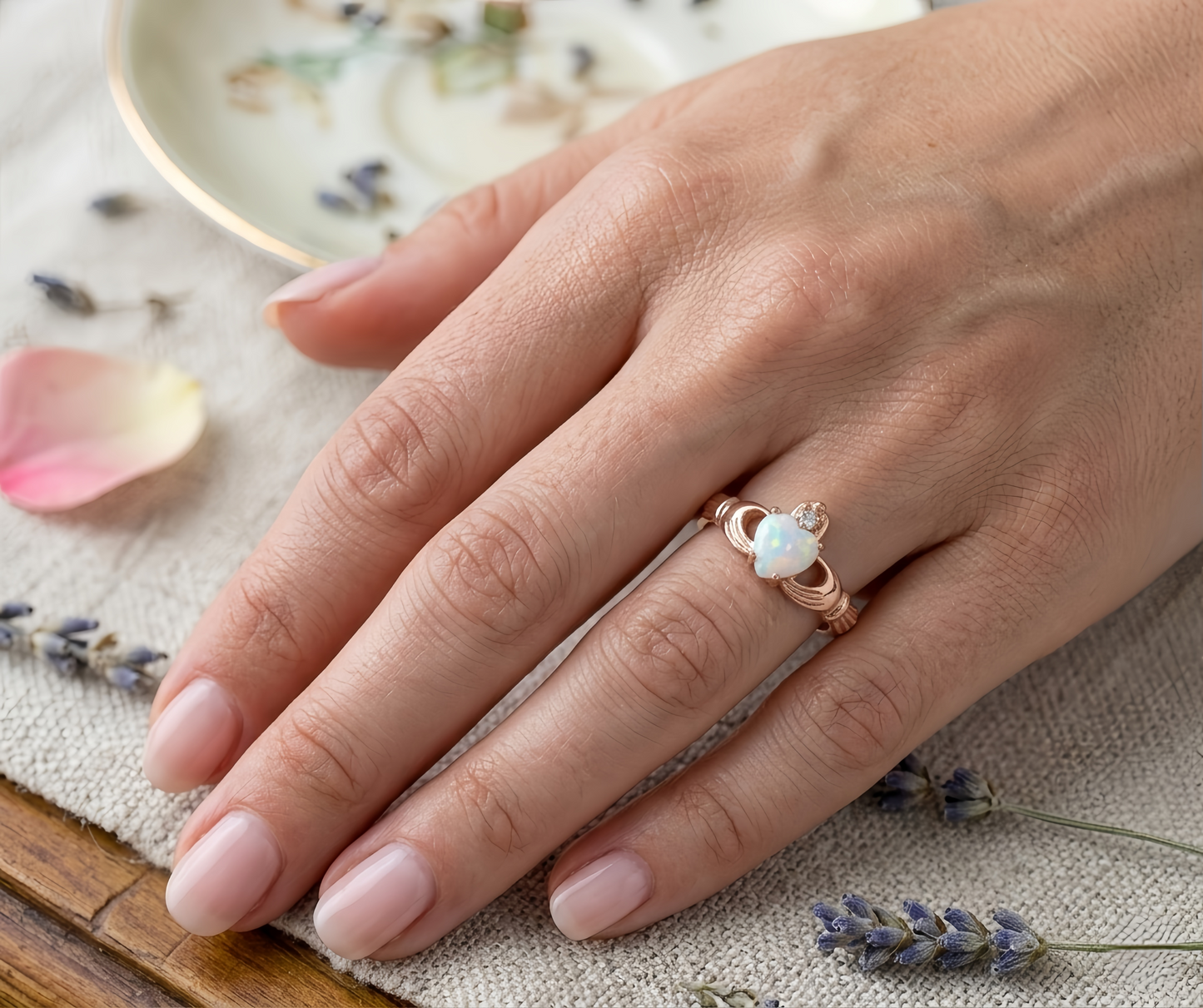 Rose Gold Claddagh White Opal