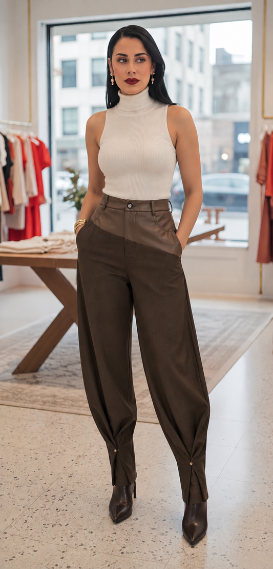 Leather Mix Barrel Pants